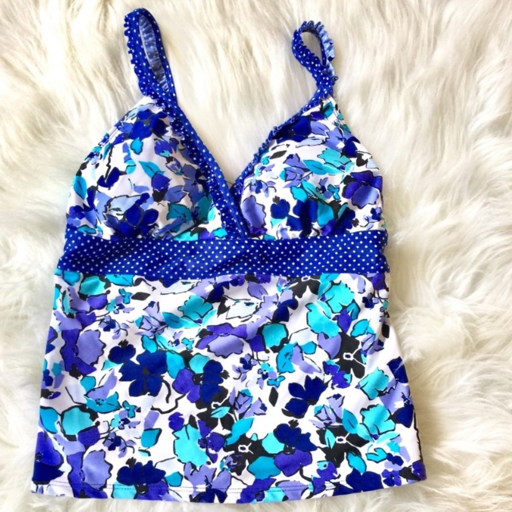 Catalina Ruffle Edge Tankini Swim Top Size Small Royal Blue Floral Abstract